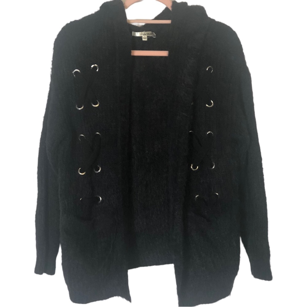 New mode, Black hooded Cardigan, silver gromets, EUC